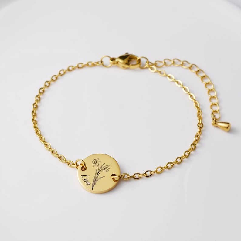 Birth Flower Personalised Bracelet – SASACO Signature Engraved Jewellery