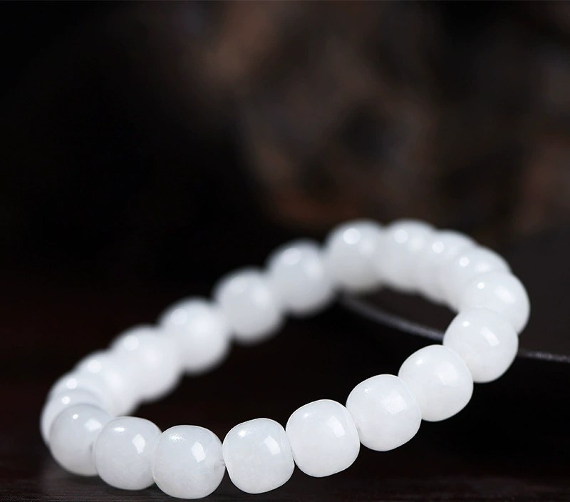 Natural Hetian White Jade Barrel-Bead Bracelet