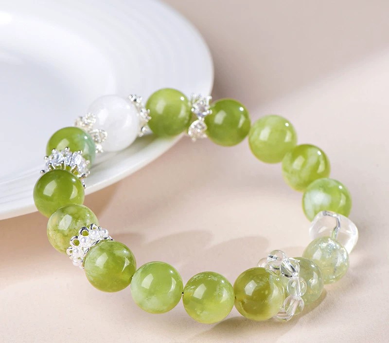 Natural Green Grape & White Phantom Crystal Bracelet