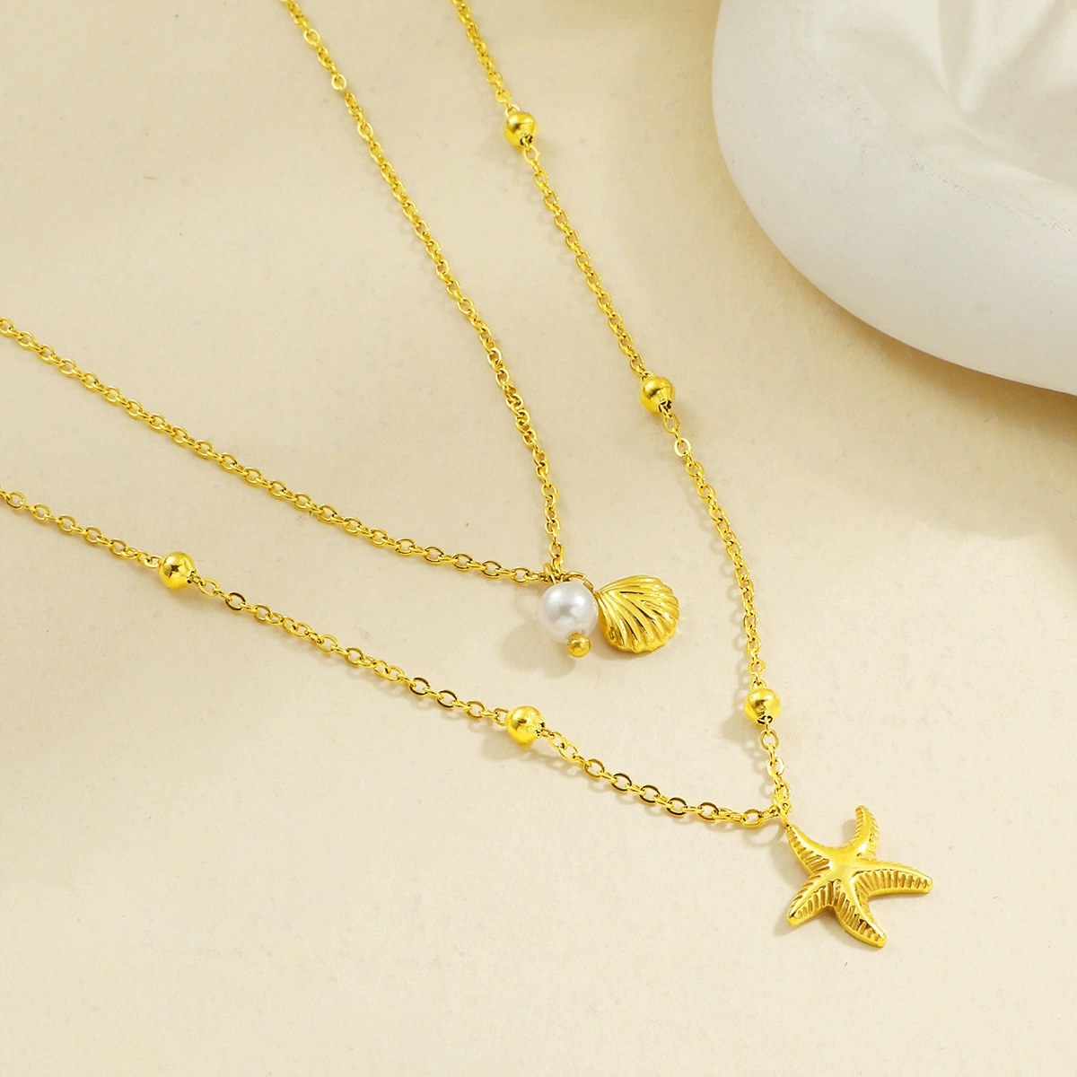 Double-Layer Starfish Shell Pearl Necklace