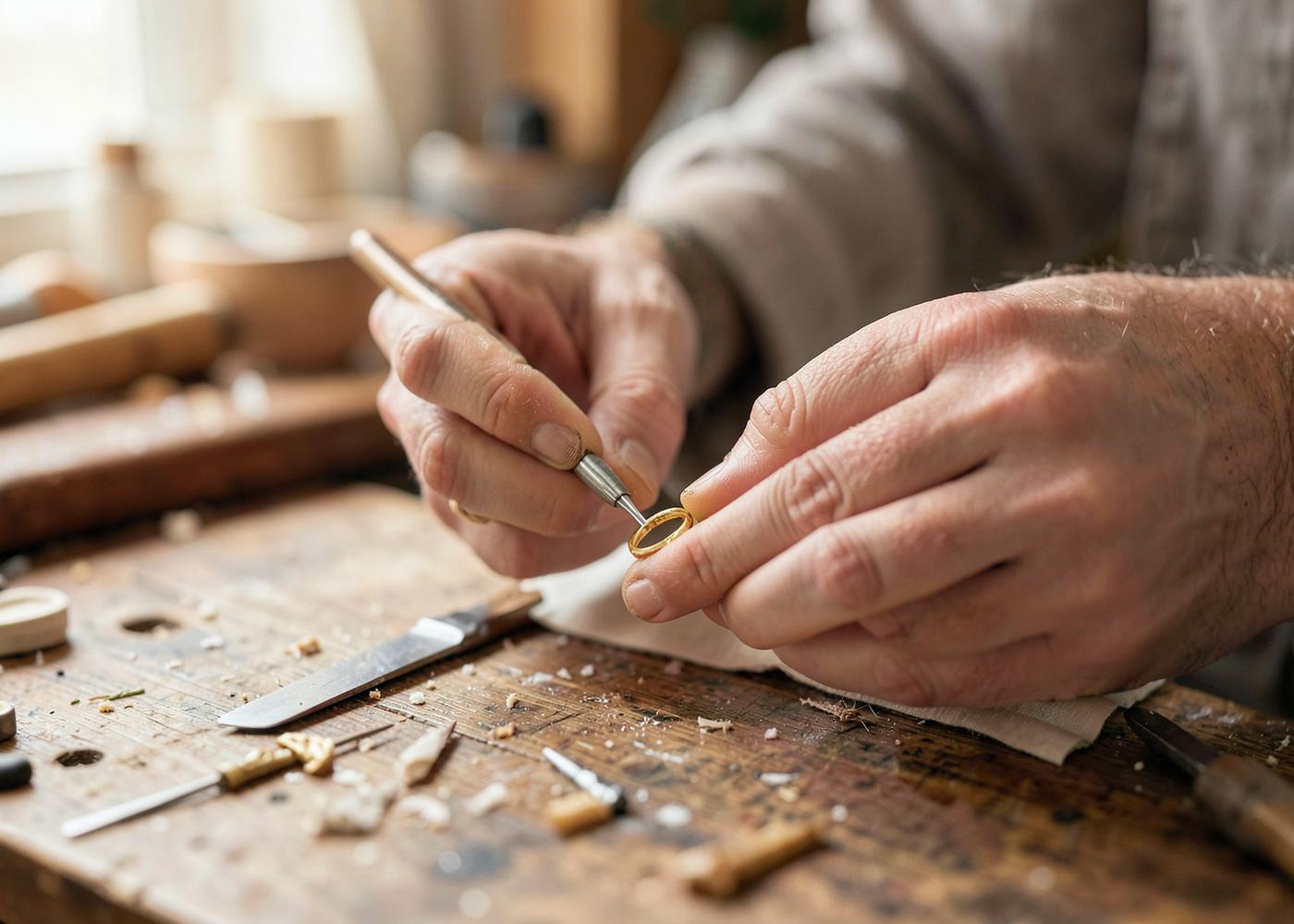 A jeweller finishing a gold ring by hand