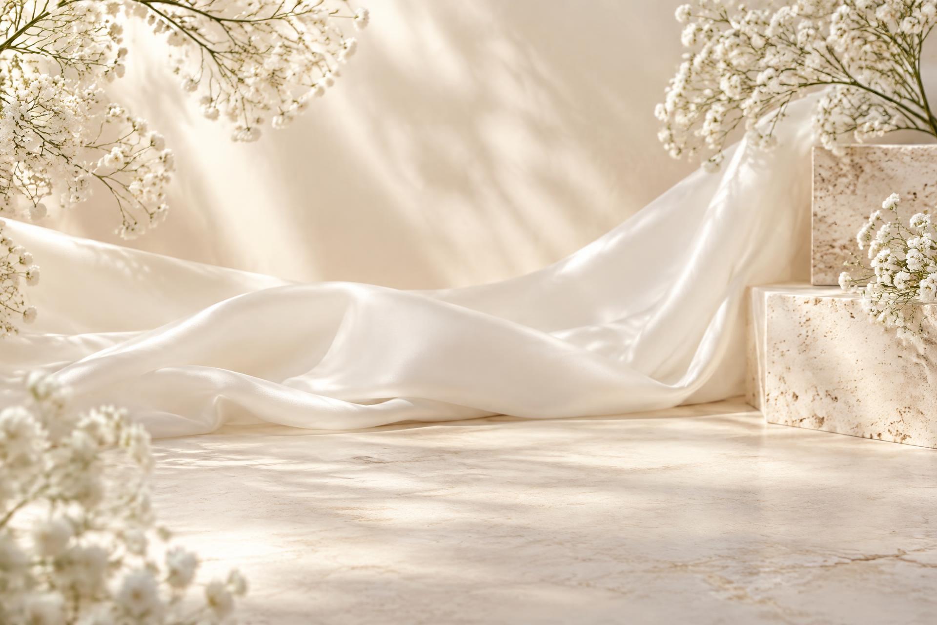 Soft ivory silk, flowers and warm stone