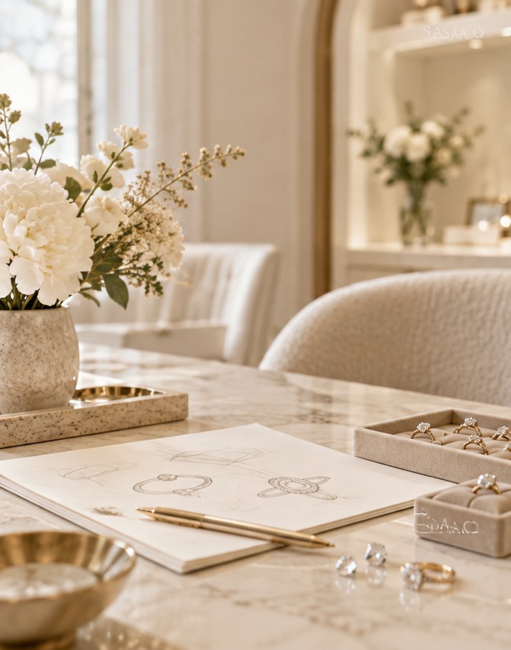 SASACO studio with ring sketches, trays of rings and fresh flowers