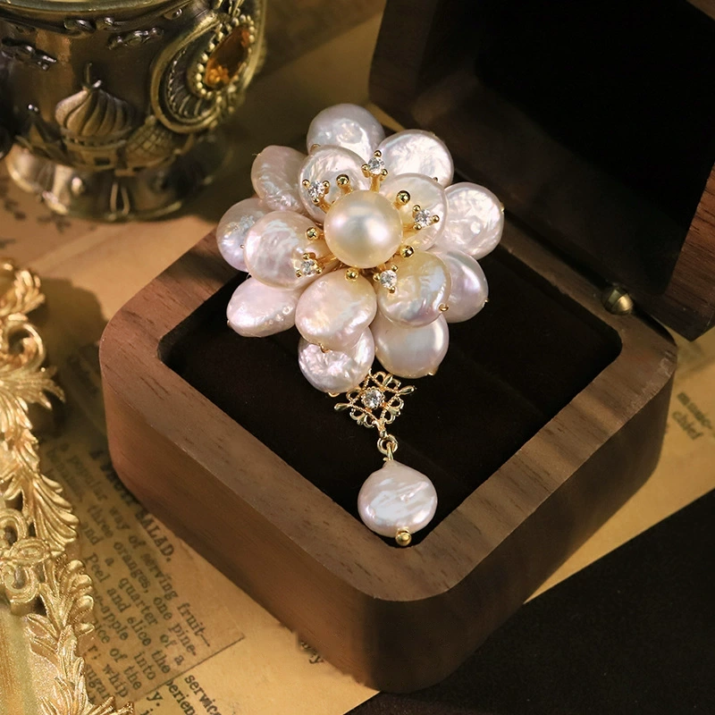 Natural Pearl Flower, Shell & Zircon Brooch