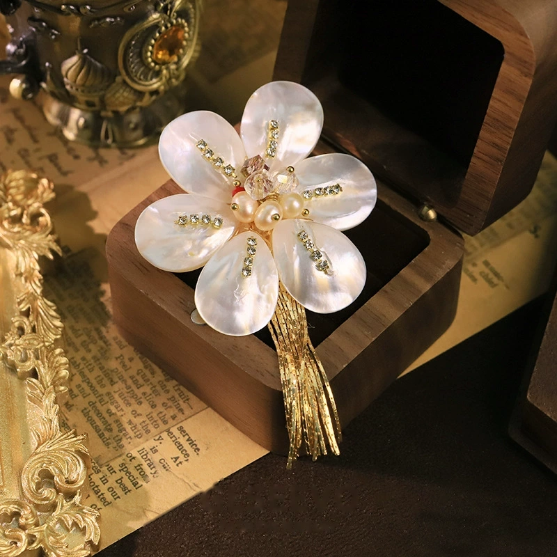 Natural Pearl Flower, Shell & Tassel Brooch